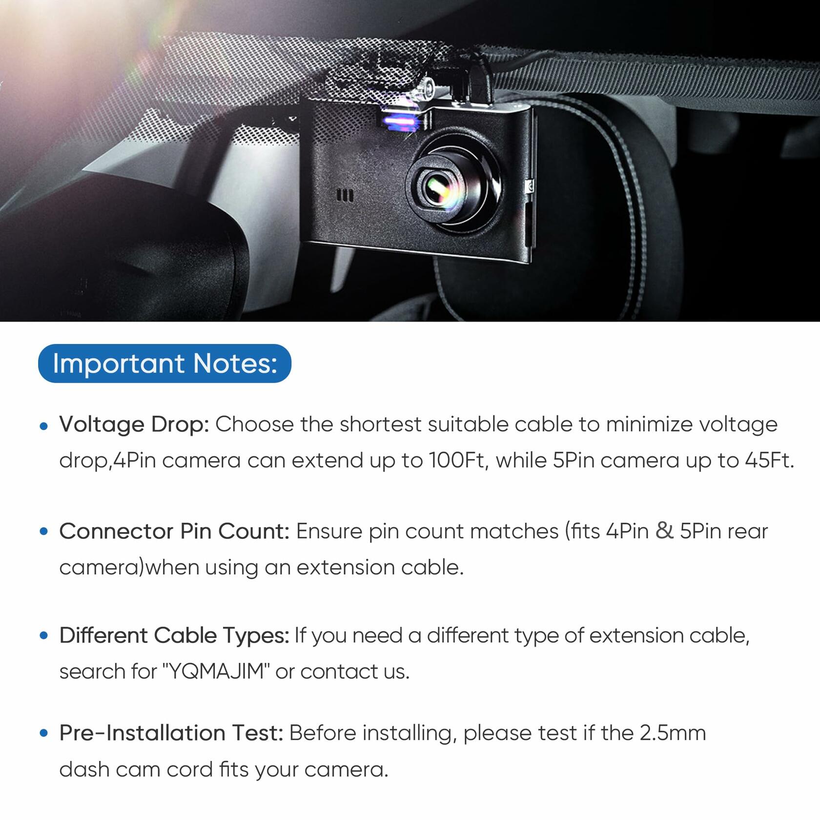 YQMAJIM 2.5mm Dash Cam Rear Extension Cable, (25Ft Thicker) Backup Extension