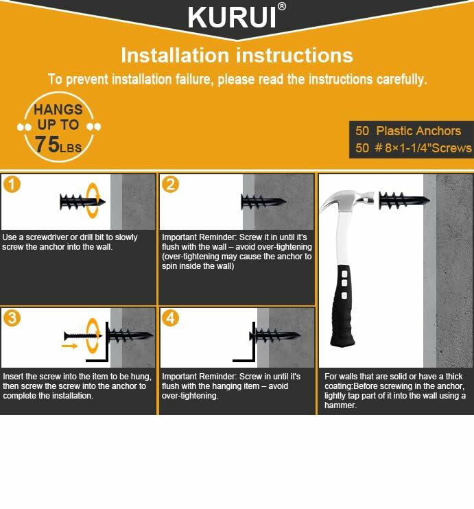KURUI 140Pcs #8 Self Drilling Drywall Anchors with Screws Kit, Heavy Duty Dry