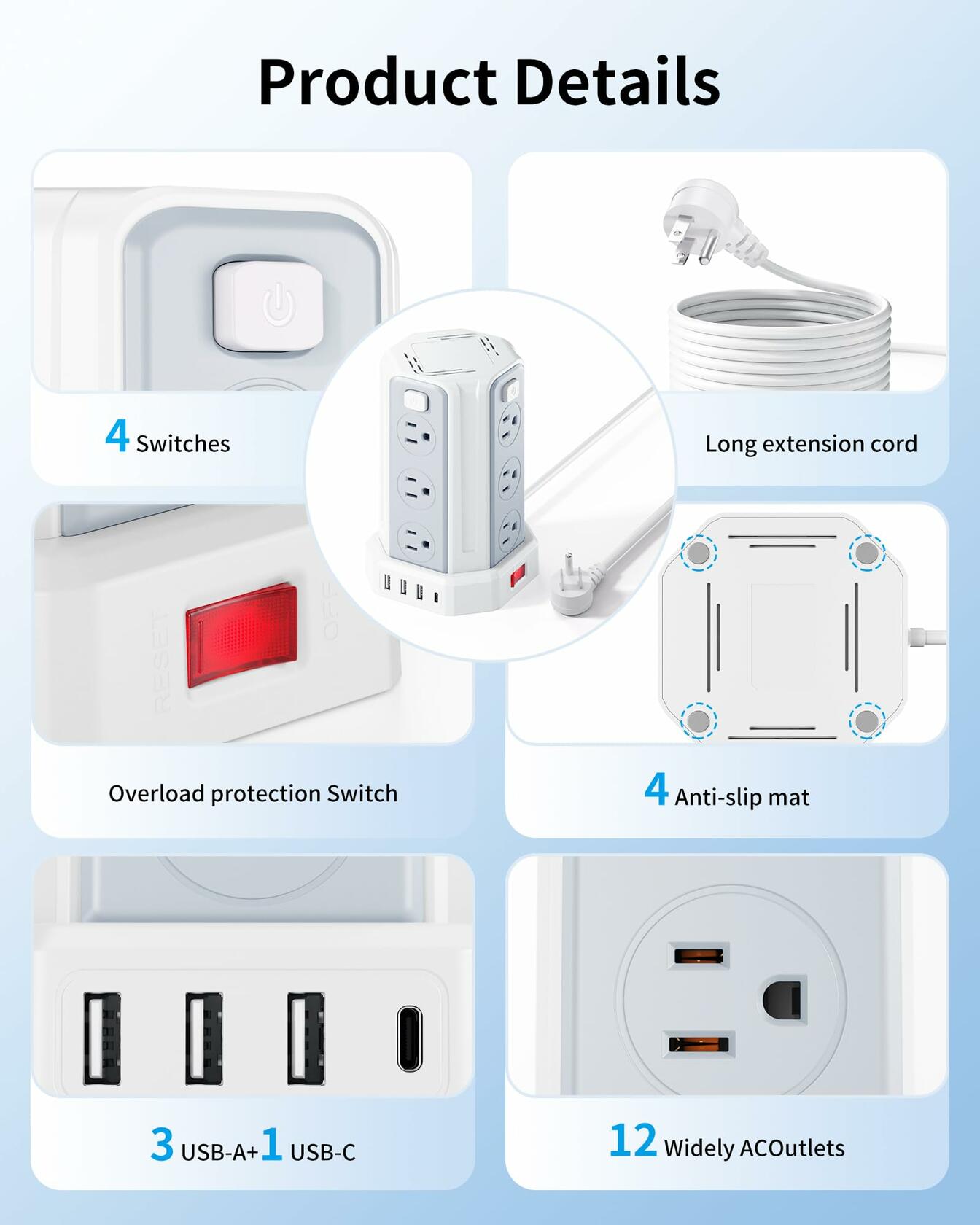 Power Strip Surge Protector, 6.5 Ft Extension Cord with 12 AC Multiple Outlets 4
