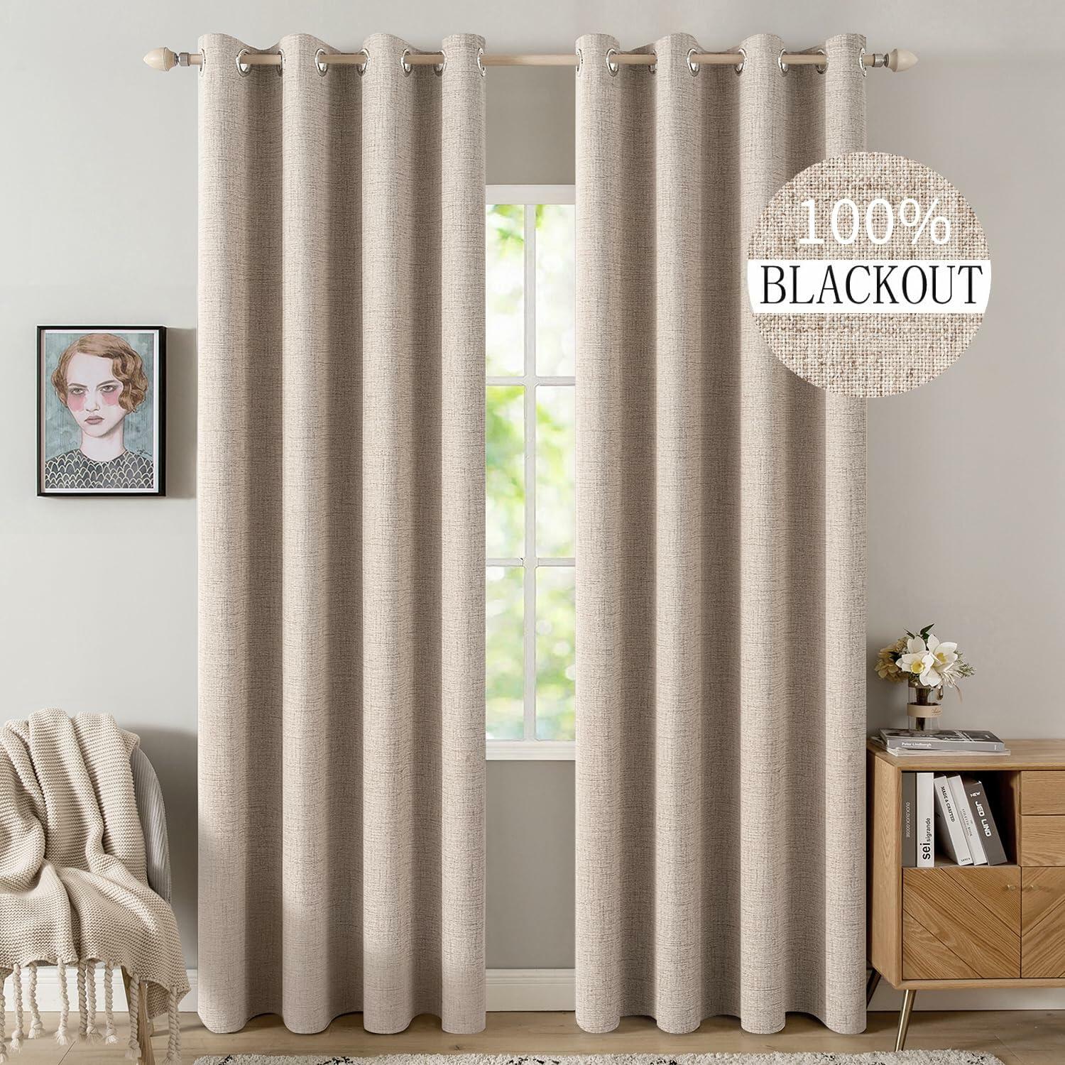 MIULEE 100% Blackout Linen Textured Curtains for Bedroom Solid Thermal Insulated