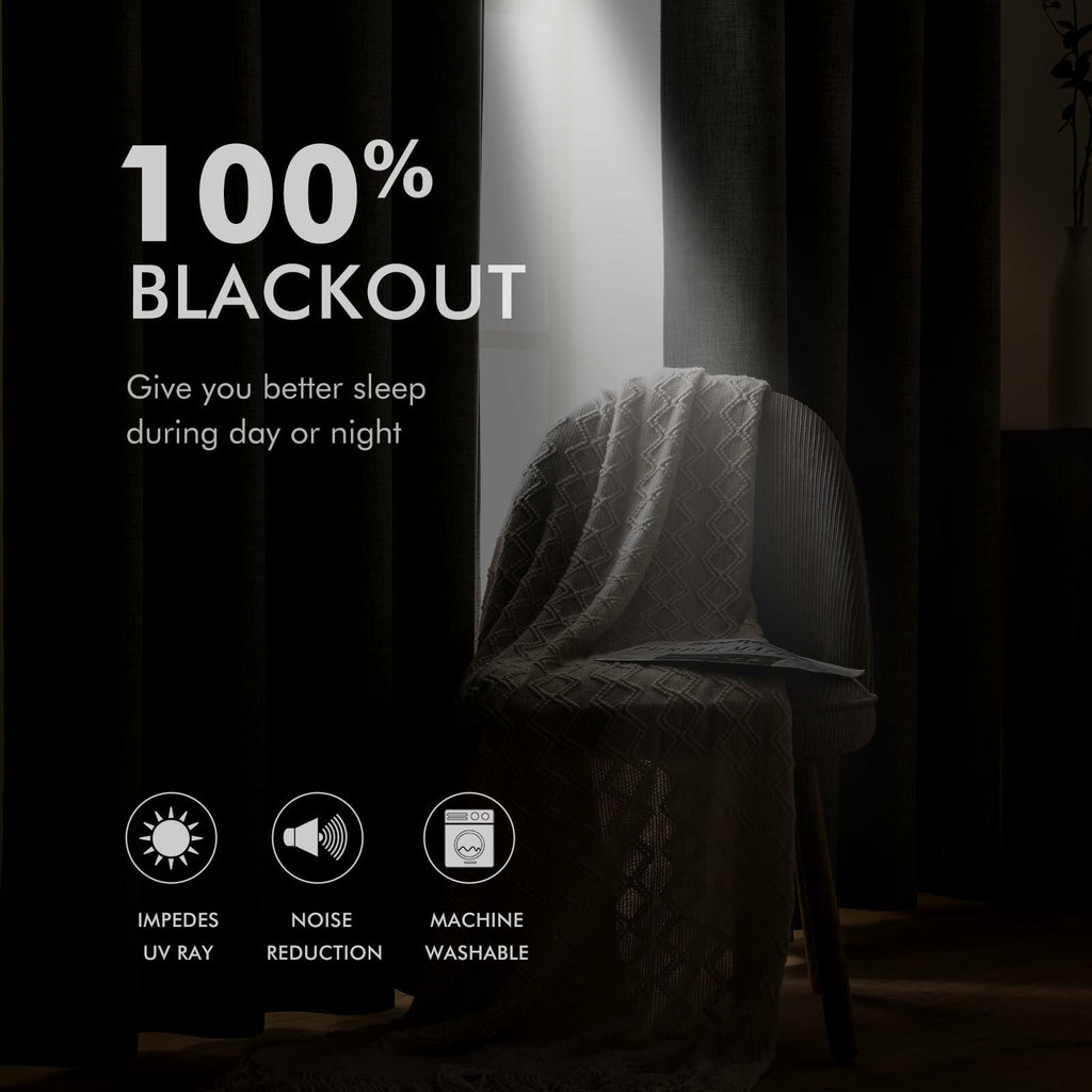 MIULEE 100% Blackout Linen Textured Curtains for Bedroom Solid Thermal Insulated