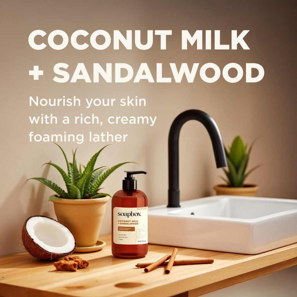 3 Pack Soapbox Liquid Hand Soap, Coconut Milk & Sandalwood, Gentle & Moisturizing Hand Wash for Kitchen and Bathroom, Vegan & Cruelty Free Scented Hand Soap 12 Ounce Pump Bottles