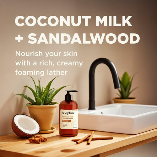 3 Pack Soapbox Liquid Hand Soap, Coconut Milk & Sandalwood, Gentle & Moisturizing Hand Wash for Kitchen and Bathroom, Vegan & Cruelty Free Scented Hand Soap 12 Ounce Pump Bottles