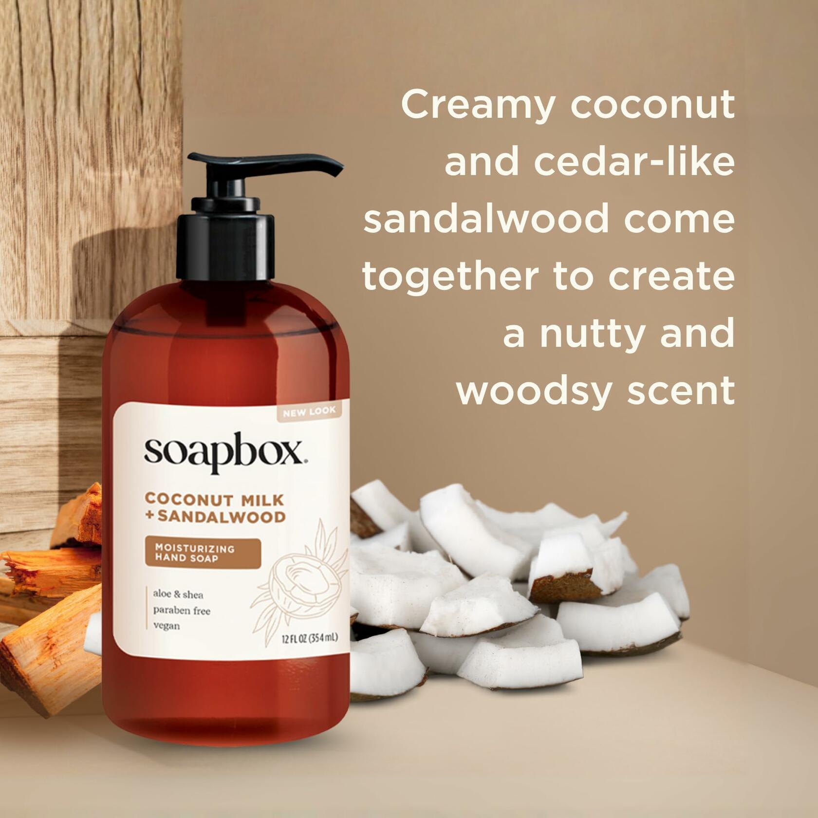 3 Pack Soapbox Liquid Hand Soap, Coconut Milk & Sandalwood, Gentle & Moisturizing Hand Wash for Kitchen and Bathroom, Vegan & Cruelty Free Scented Hand Soap 12 Ounce Pump Bottles