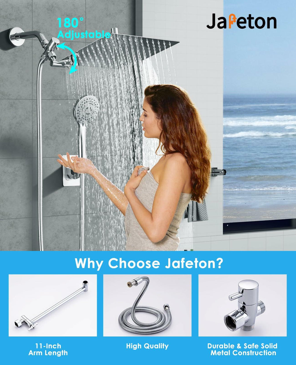 Jafeton High Pressure Rainfall Shower Head with Handheld Spray Combo – 5 Spray
