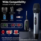 AFUOO Wireless Microphone Set for Singing, Speech & Karaoke, 2.4GHz Dual-Mic Receiver, 200ft, Storage Bag Included, Metal Cordless Mic 2 Pack for Karaoke Machines, PA Systems, PartyBox, Gray-Blue