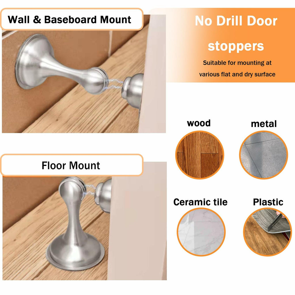 Magnetic Door Stopper 6 Pack Brushed Nickel No Drilling Needed 3M Adhesive or Screw Mount Soft-Catch Magnetic Door Holder for Home & Office