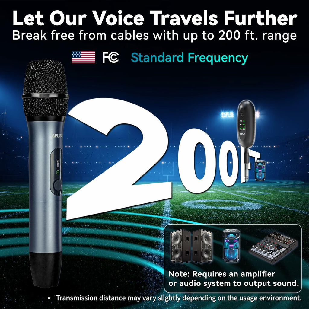 AFUOO Wireless Microphone Set for Singing, Speech & Karaoke, 2.4GHz Dual-Mic Receiver, 200ft, Storage Bag Included, Metal Cordless Mic 2 Pack for Karaoke Machines, PA Systems, PartyBox, Gray-Blue