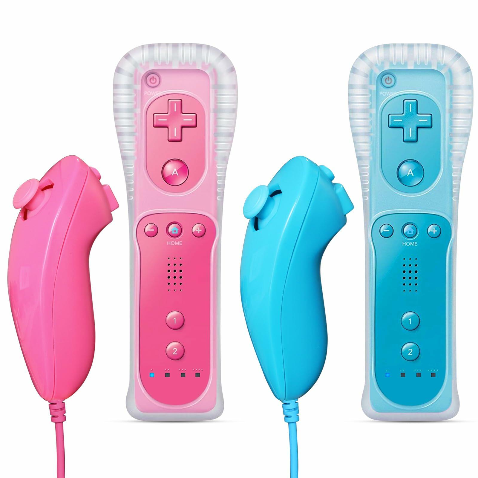 FASIGO Remote Controller with Nunchuck, Compatible with Nintendo Wii/Wii U, 2 Pack (Pink & Blue)