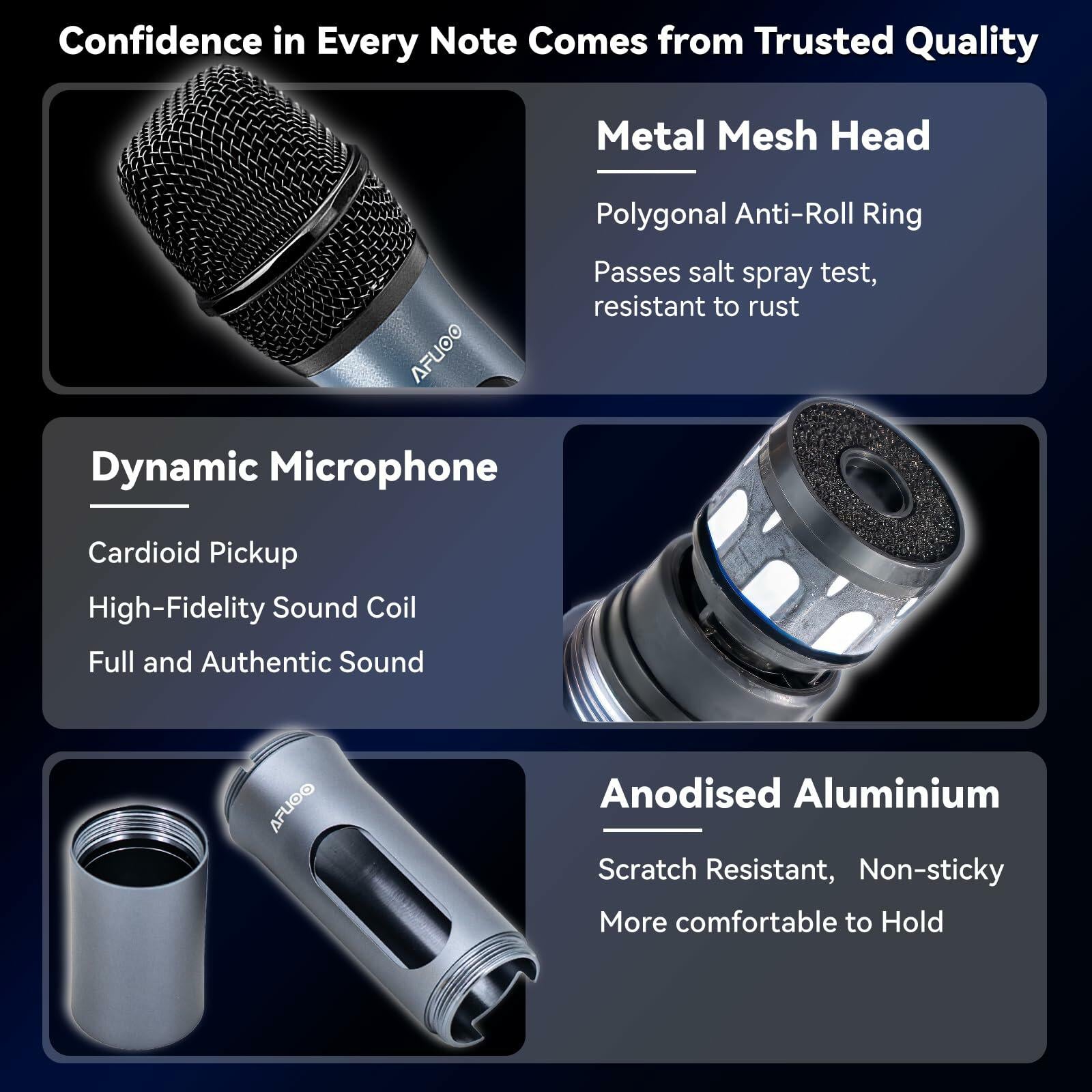 AFUOO Wireless Microphone Set for Singing, Speech & Karaoke, 2.4GHz Dual-Mic Receiver, 200ft, Storage Bag Included, Metal Cordless Mic 2 Pack for Karaoke Machines, PA Systems, PartyBox, Gray-Blue
