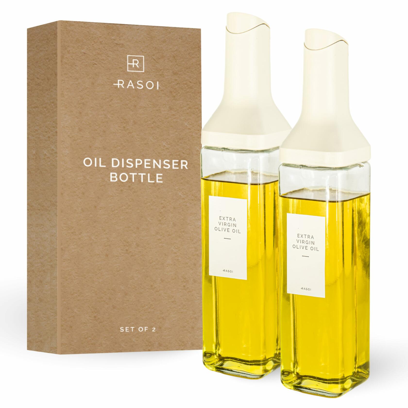 RASOI Oil Dispenser Bottle – Set of 2 17oz/500ml Oil and Vinegar Dispenser - Drip-Free Spout Glass Oil Dispenser – Kitchen Oil Dispenser with Automatic Pouring Lid - Olive Oil Bottle for Cooking