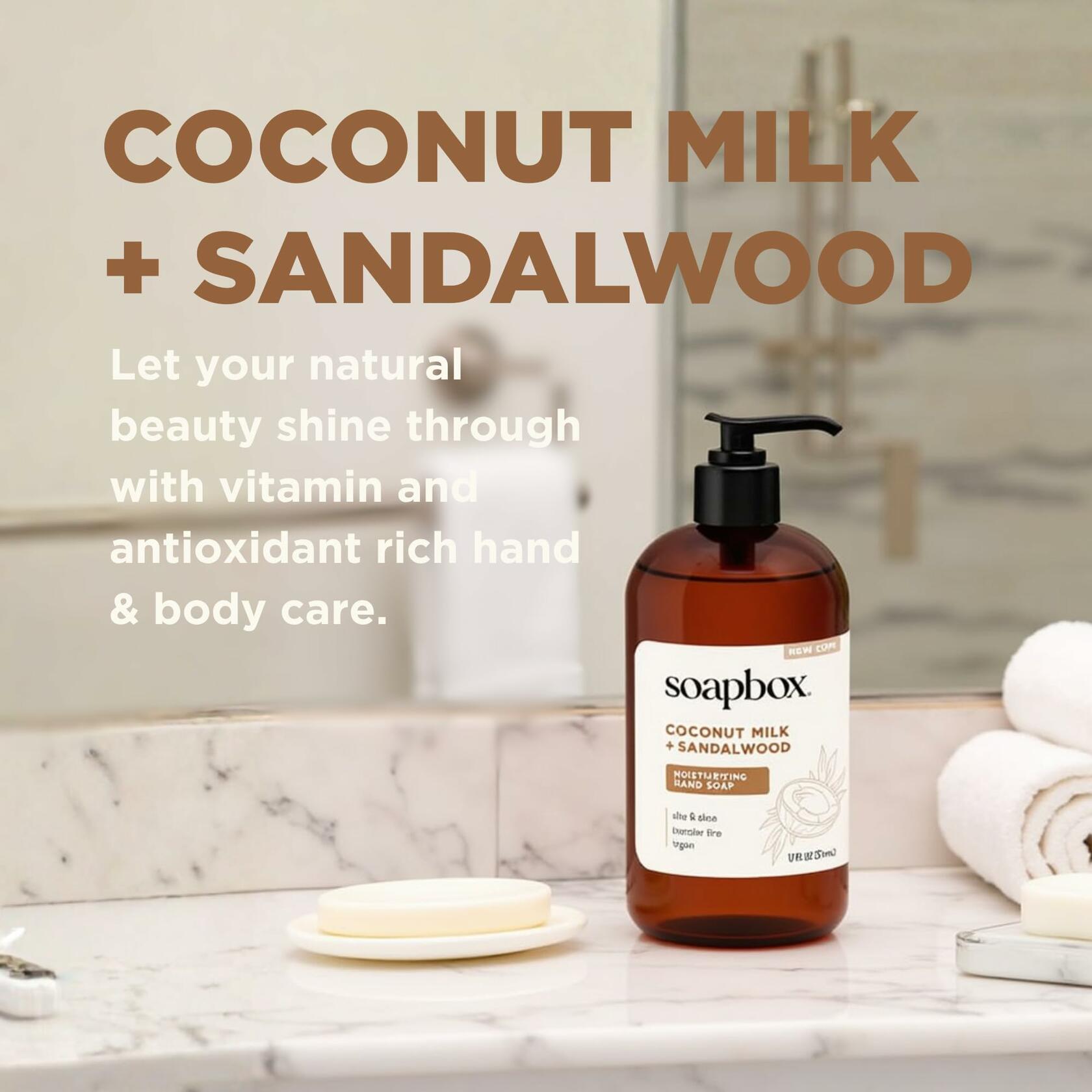 3 Pack Soapbox Liquid Hand Soap, Coconut Milk & Sandalwood, Gentle & Moisturizing Hand Wash for Kitchen and Bathroom, Vegan & Cruelty Free Scented Hand Soap 12 Ounce Pump Bottles