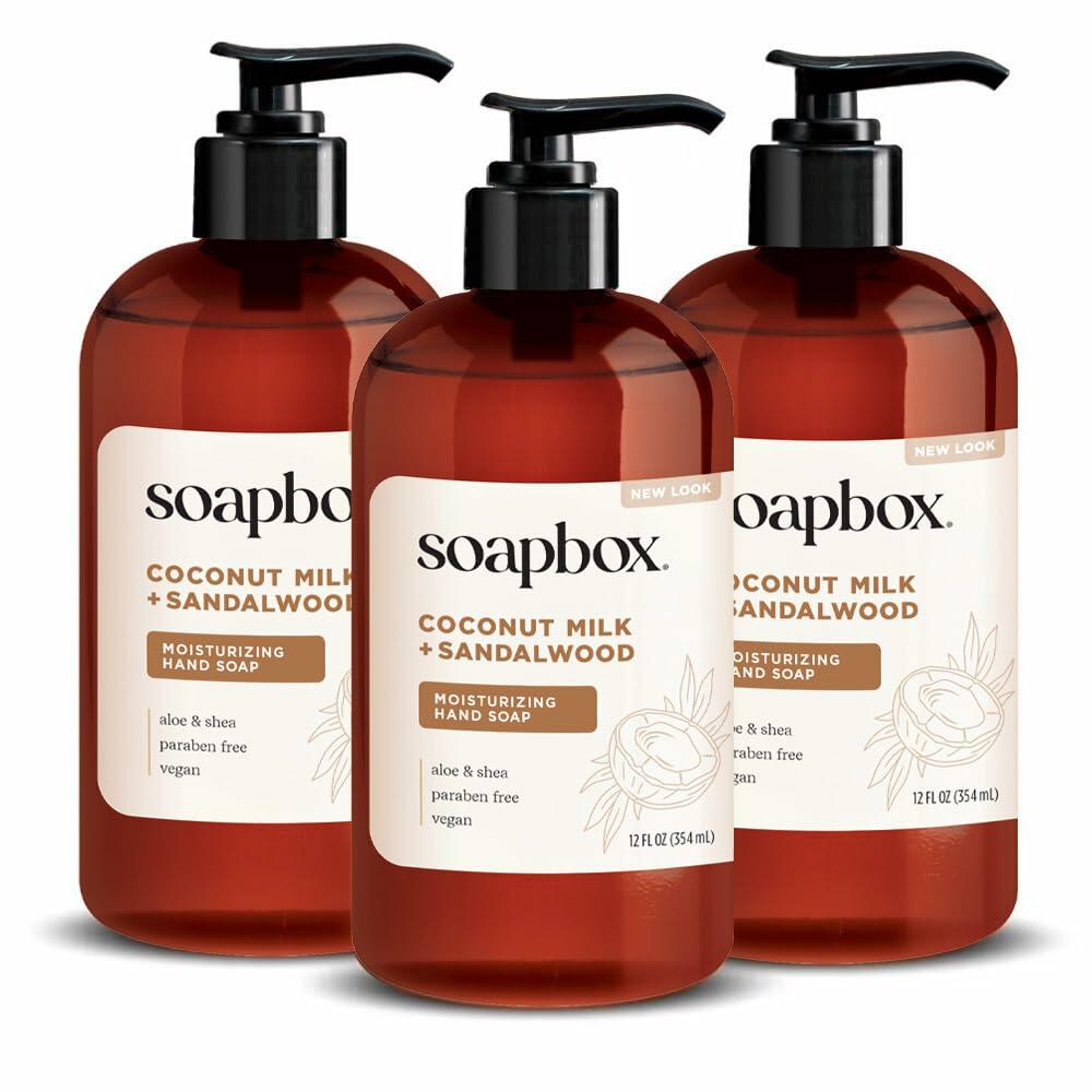 3 Pack Soapbox Liquid Hand Soap, Coconut Milk & Sandalwood, Gentle & Moisturizing Hand Wash for Kitchen and Bathroom, Vegan & Cruelty Free Scented Hand Soap 12 Ounce Pump Bottles