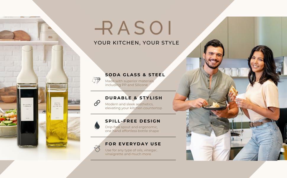 RASOI Oil Dispenser Bottle – Set of 2 17oz/500ml Oil and Vinegar Dispenser - Drip-Free Spout Glass Oil Dispenser – Kitchen Oil Dispenser with Automatic Pouring Lid - Olive Oil Bottle for Cooking