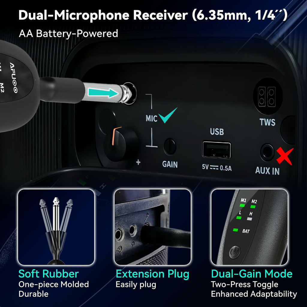 AFUOO Wireless Microphone Set for Singing, Speech & Karaoke, 2.4GHz Dual-Mic Receiver, 200ft, Storage Bag Included, Metal Cordless Mic 2 Pack for Karaoke Machines, PA Systems, PartyBox, Gray-Blue