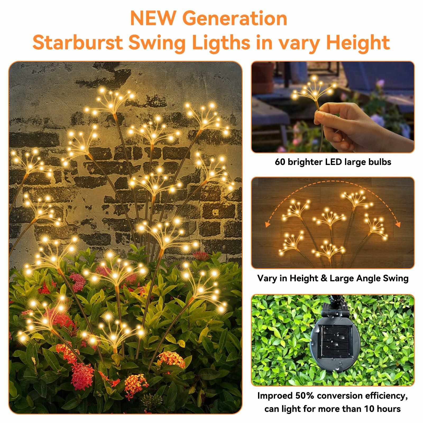 JJGoo Solar Garden Lights, New Upgraded 2 Pack Solar Swaying Starburst Light,