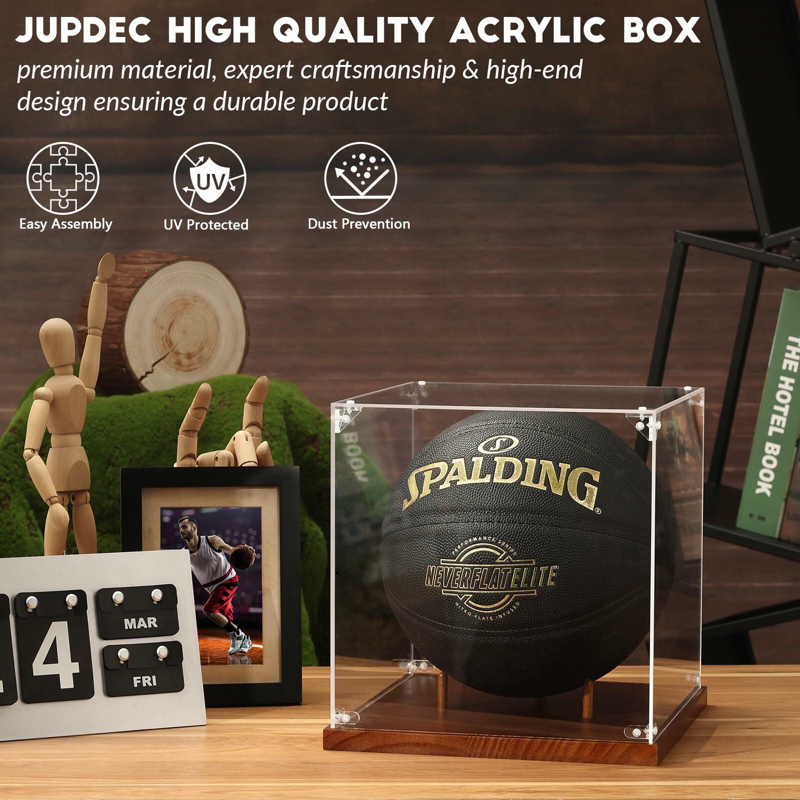 JupDec Basketball Display Case Acrylic Clear 10" Full Size with Solid Wood Base,