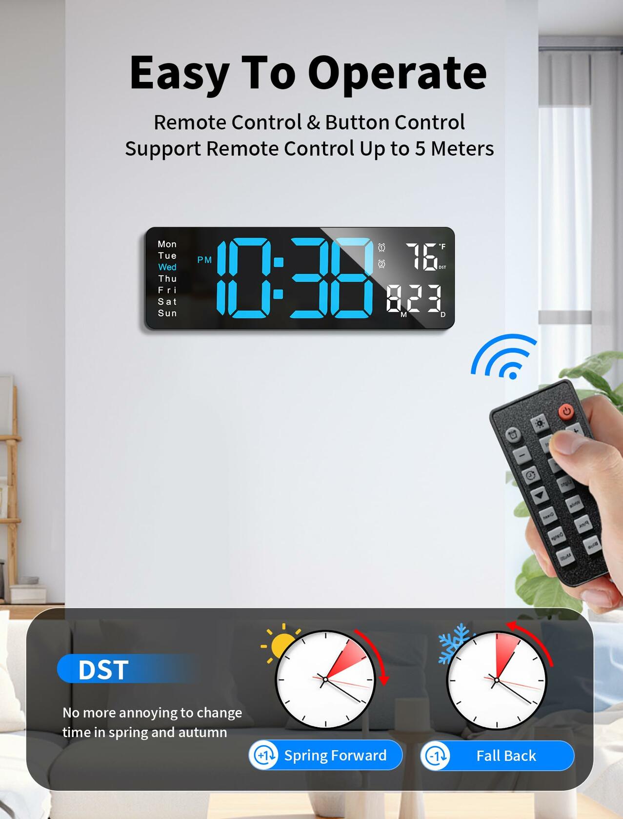 MASHI Digital Wall Clock, 16" Large Display Digital Clock with Remote Control, Auto-Dimming Wall Clock with Night Light, DST, Date Week,Temp for Living Room, Bedroom, Decor, for Elderly