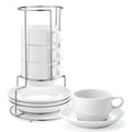 4 Pack Yedio 8 oz Porcelain Cappuccino Cups with Saucers and Metal Stand, Stackable Coffee Cups for Latte, Americano, Tea – White