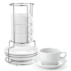 4 Pack Yedio 8 oz Porcelain Cappuccino Cups with Saucers and Metal Stand, Stackable Coffee Cups for Latte, Americano, Tea – White