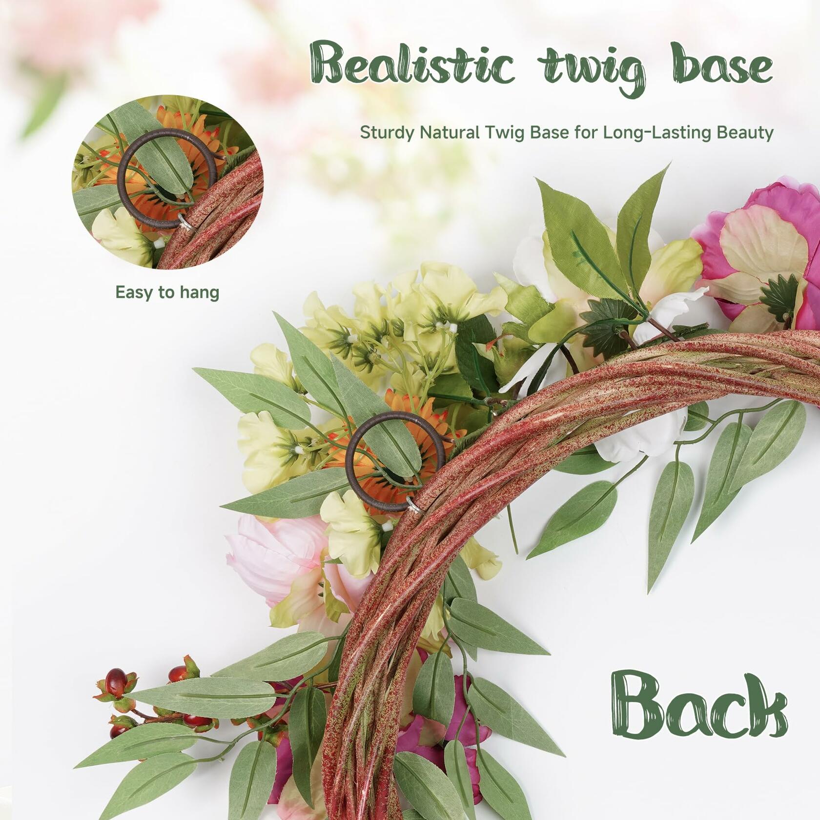 Petalyn 24in Peony Wreaths for Front Door, Large Spring Summer Floral Door Wreath with Hydrangea, All Year Round Colorful Flower Wreath for Farmhouse Wall Welcome Indoor Outdoor Decor (Twig Base)