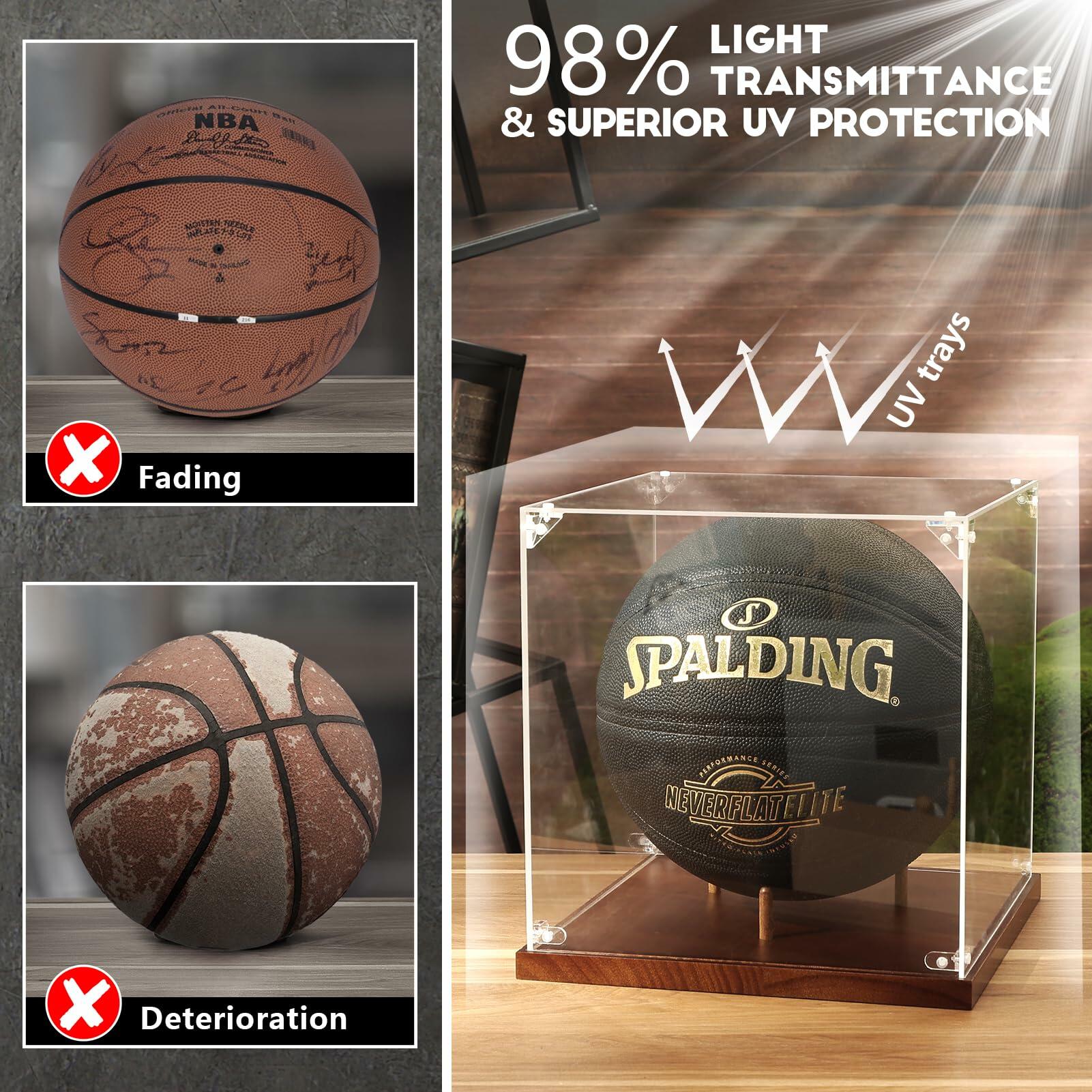 JupDec Basketball Display Case Acrylic Clear 10" Full Size with Solid Wood Base,