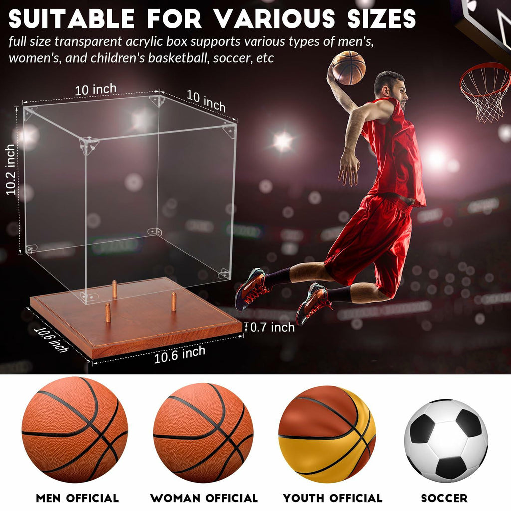 JupDec Basketball Display Case Acrylic Clear 10" Full Size with Solid Wood Base,