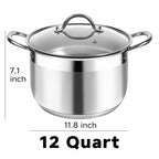 Kirecoo Stainless Steel Stock Pot - 12 Quart Heavy Duty Stock Cooking Pot with Visible Lid for Pasta, Soup, Spaghetti, Nonstick Thick Bottom Big Stockpot, Cookware for Canning, Boiling, Simmer