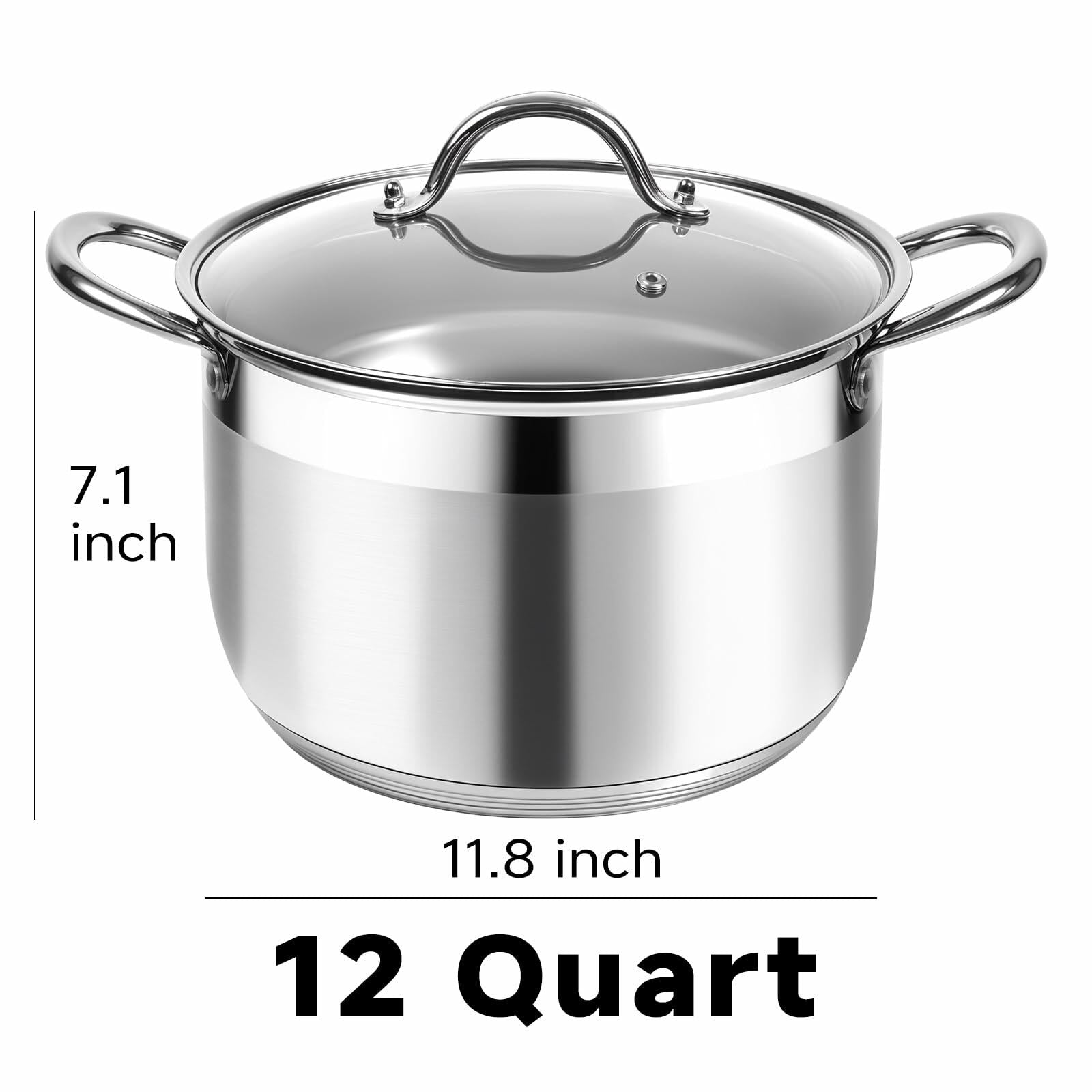 Kirecoo Stainless Steel Stock Pot - 12 Quart Heavy Duty Stock Cooking Pot with Visible Lid for Pasta, Soup, Spaghetti, Nonstick Thick Bottom Big Stockpot, Cookware for Canning, Boiling, Simmer