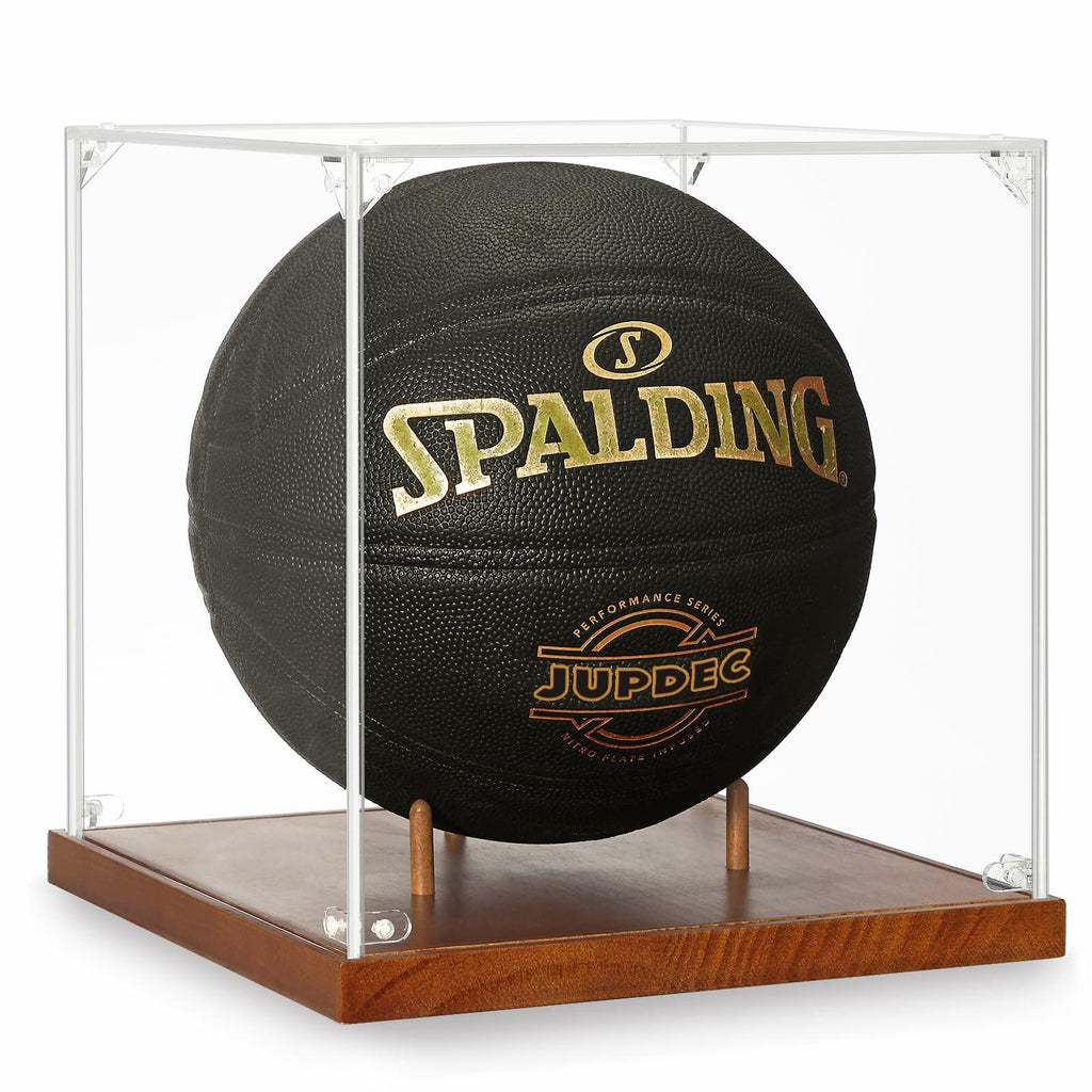 JupDec Basketball Display Case Acrylic Clear 10" Full Size with Solid Wood Base,