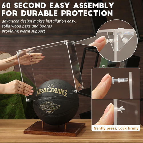 JupDec Basketball Display Case Acrylic Clear 10" Full Size with Solid Wood Base,