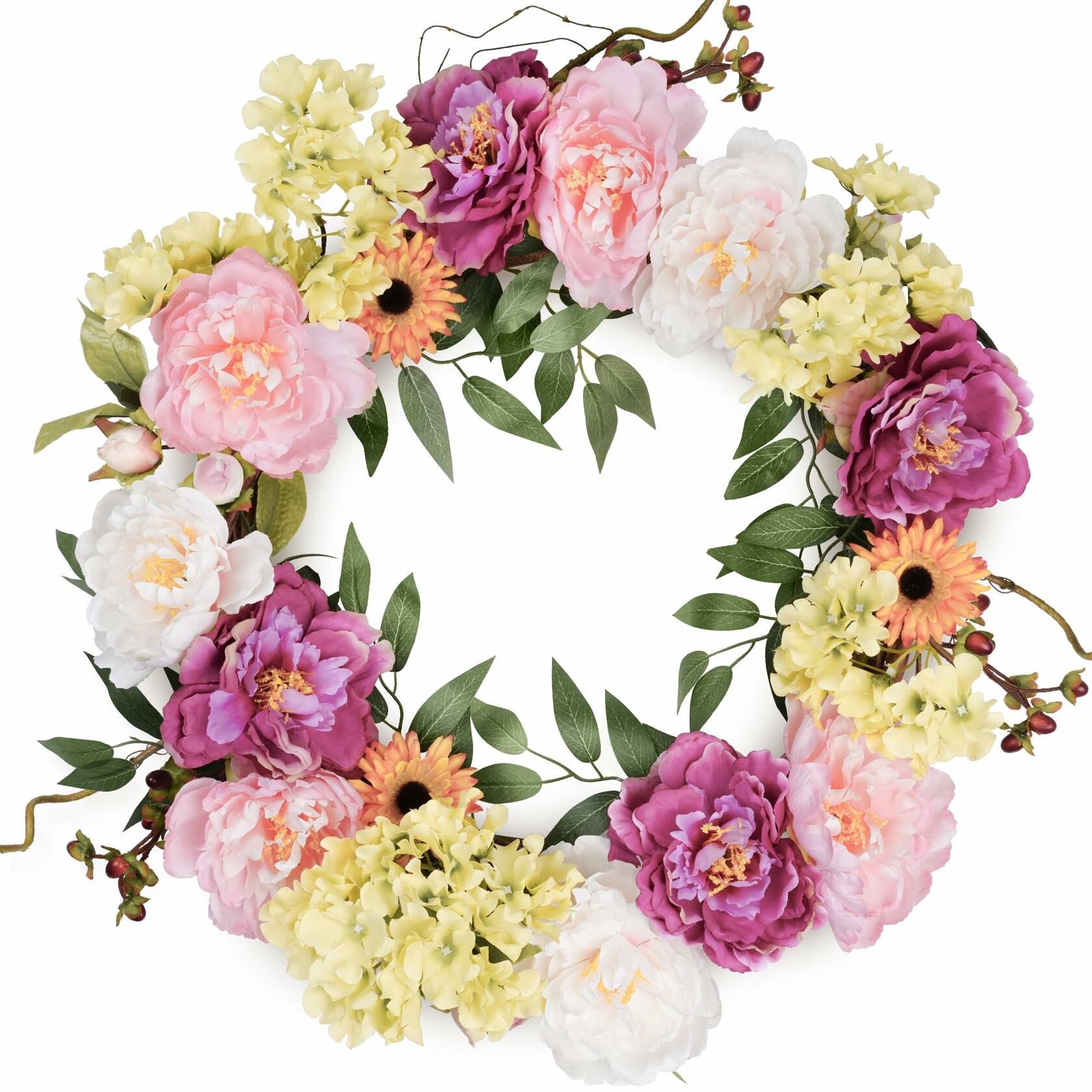 Petalyn 24in Peony Wreaths for Front Door, Large Spring Summer Floral Door Wreath with Hydrangea, All Year Round Colorful Flower Wreath for Farmhouse Wall Welcome Indoor Outdoor Decor (Twig Base)