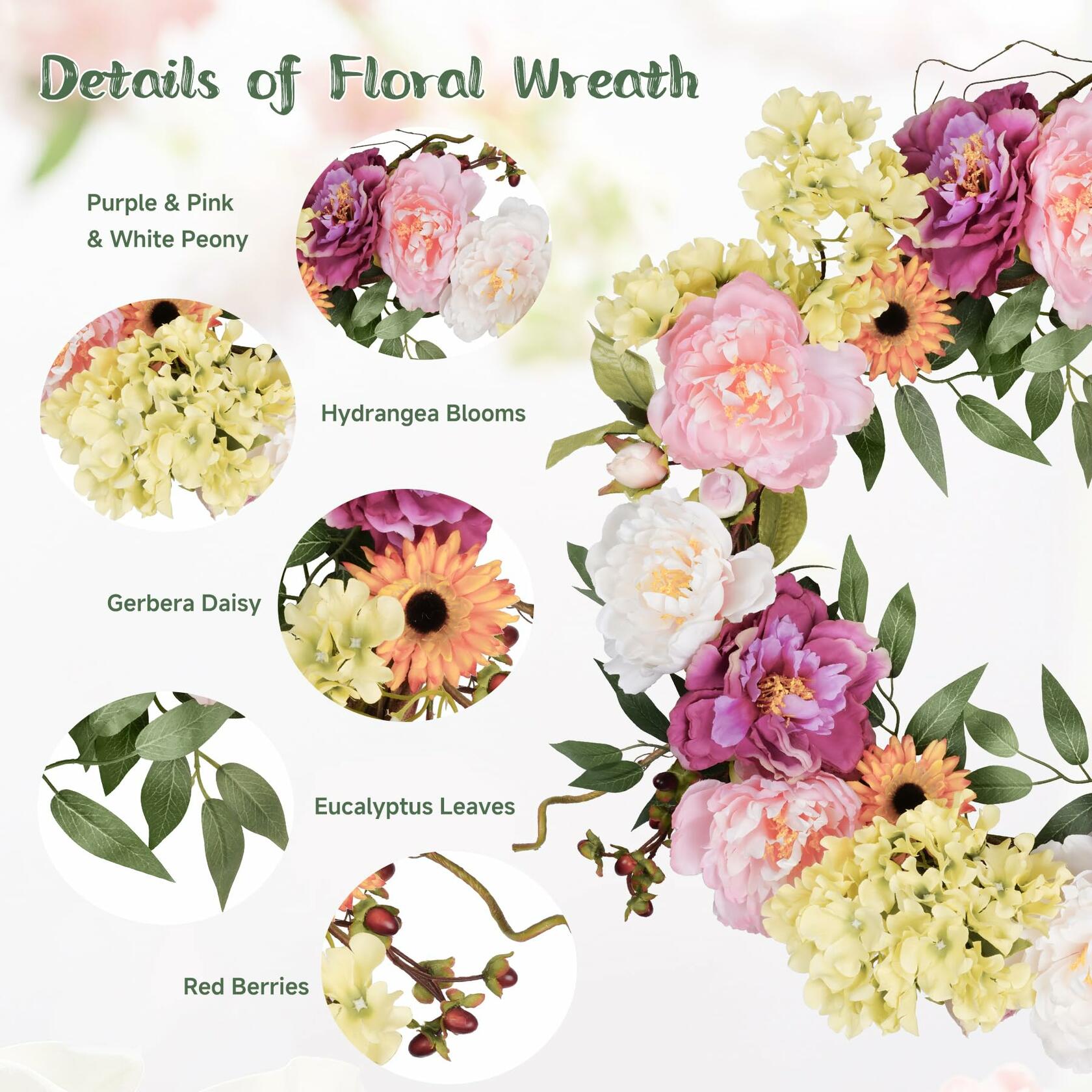 Petalyn 24in Peony Wreaths for Front Door, Large Spring Summer Floral Door Wreath with Hydrangea, All Year Round Colorful Flower Wreath for Farmhouse Wall Welcome Indoor Outdoor Decor (Twig Base)