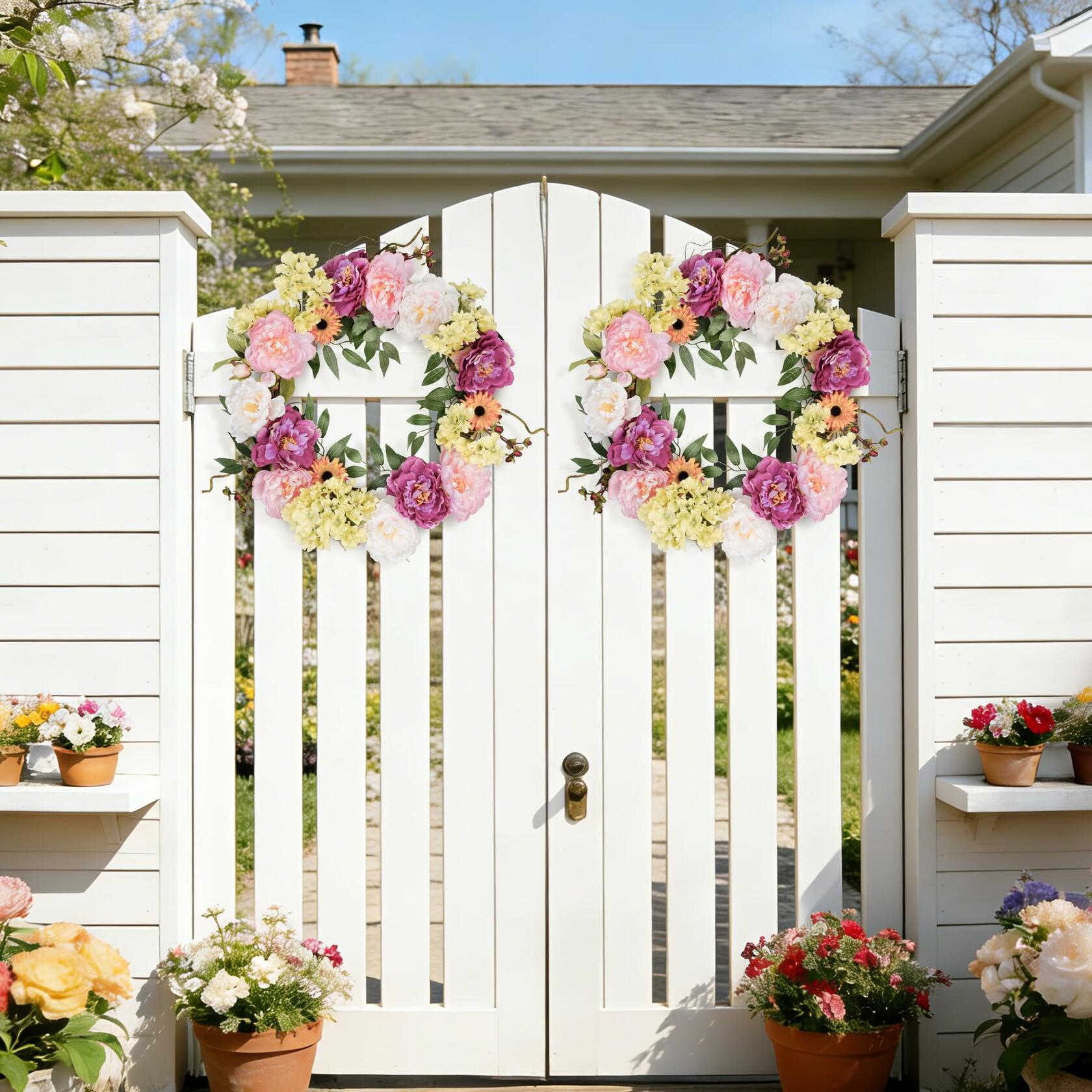 Petalyn 24in Peony Wreaths for Front Door, Large Spring Summer Floral Door Wreath with Hydrangea, All Year Round Colorful Flower Wreath for Farmhouse Wall Welcome Indoor Outdoor Decor (Twig Base)