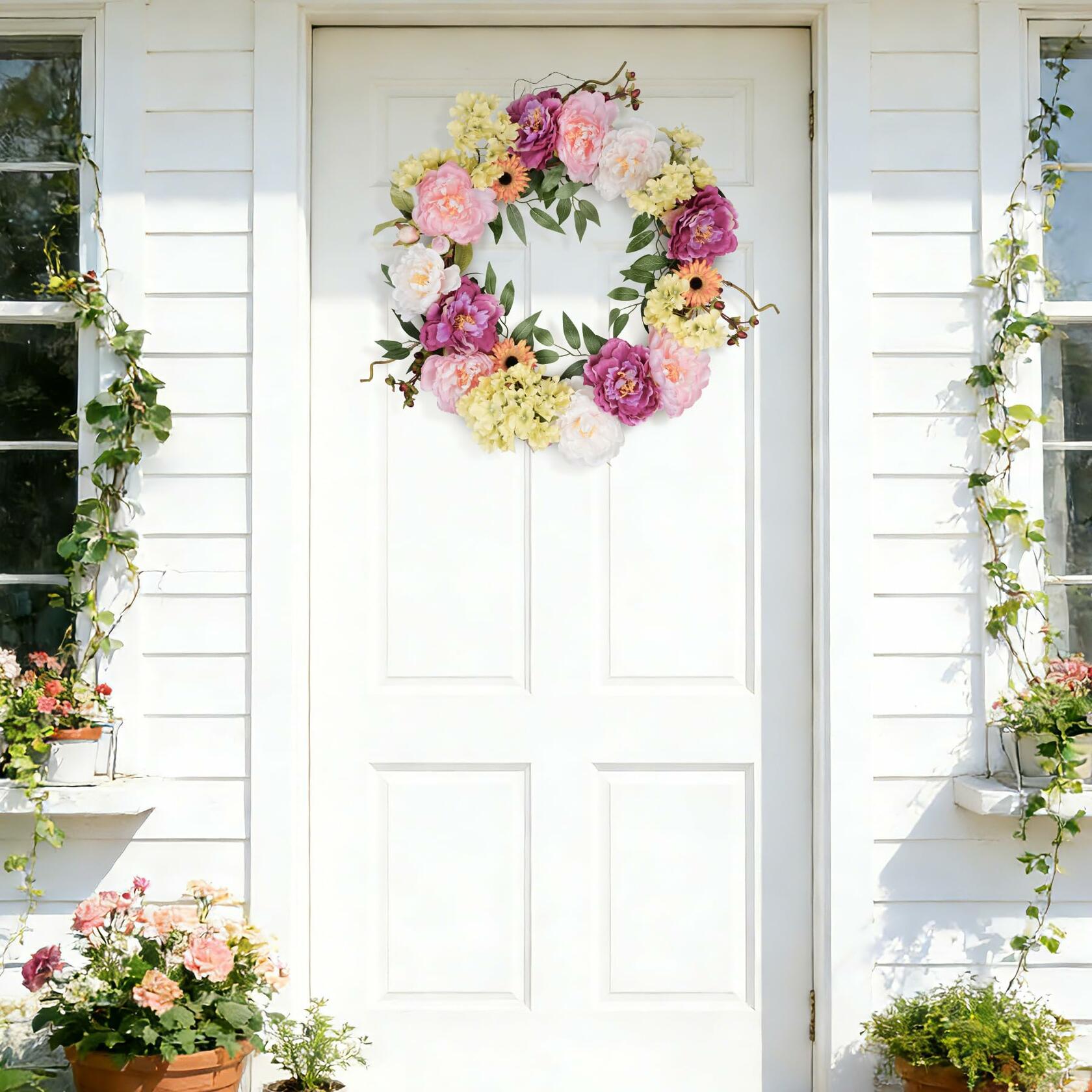 Petalyn 24in Peony Wreaths for Front Door, Large Spring Summer Floral Door Wreath with Hydrangea, All Year Round Colorful Flower Wreath for Farmhouse Wall Welcome Indoor Outdoor Decor (Twig Base)