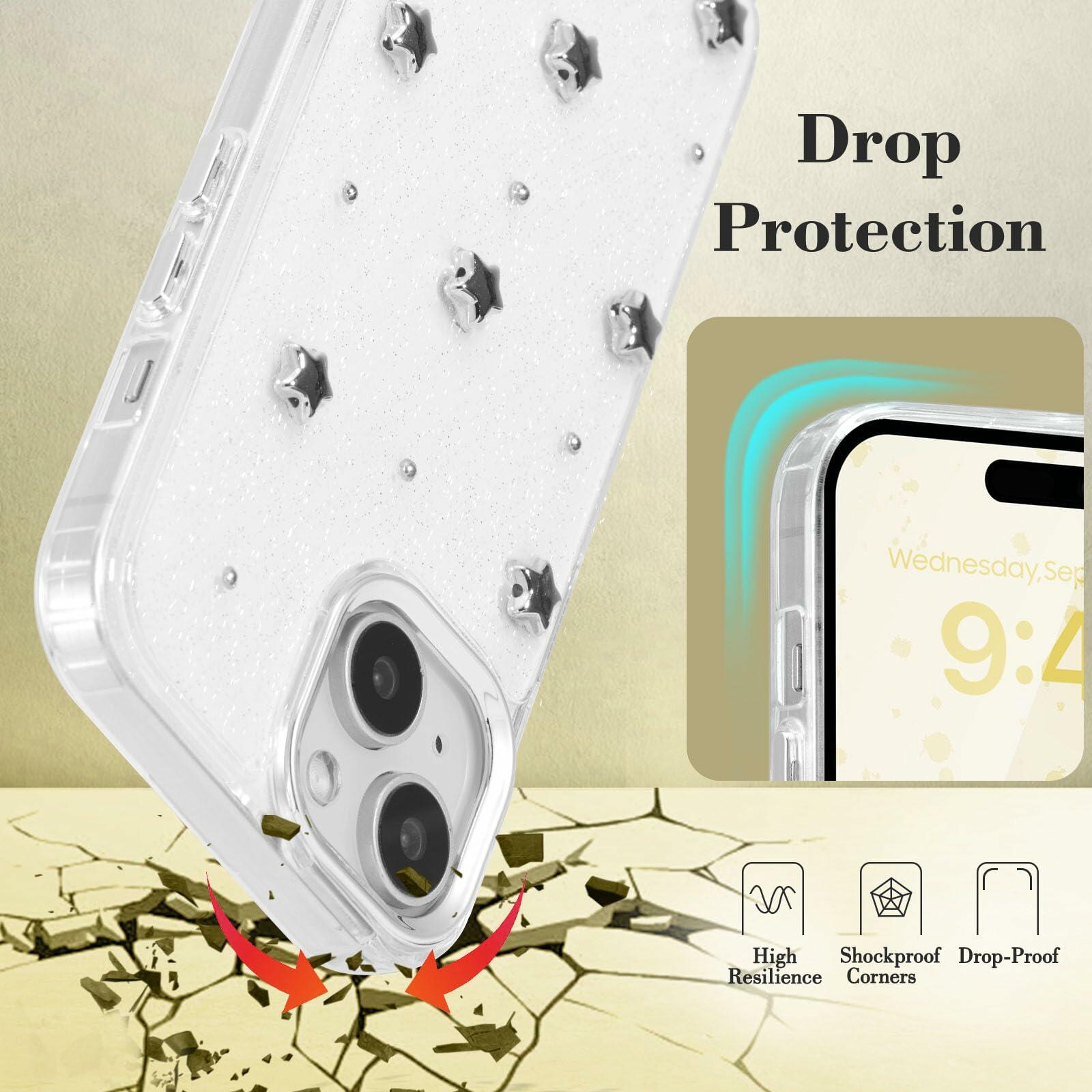EYZUTAK Case for iPhone 13/iPhone 14, Bling Glitter 3D Stars Phone Case Cute