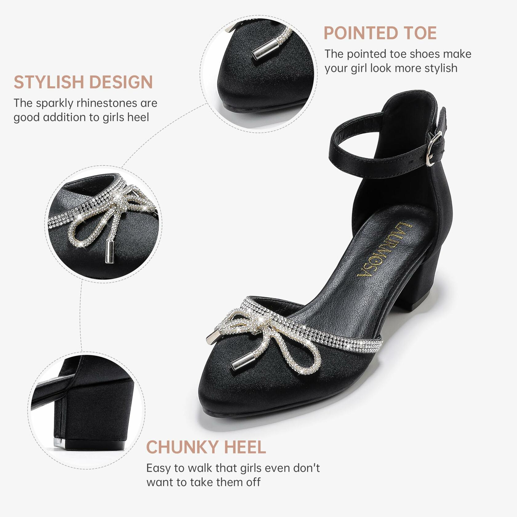 LAURMOSA Girls Black High Heels Closed Toe Dress Shoes Big Girls Heels Fancy