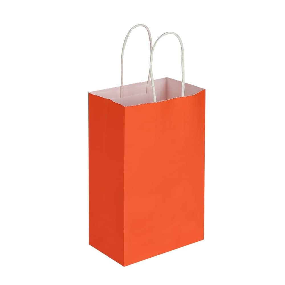 Oikss 50 Pack 5.25x3.25x8.25 Inch Small Orange Kraft Paper Bags with Handles
