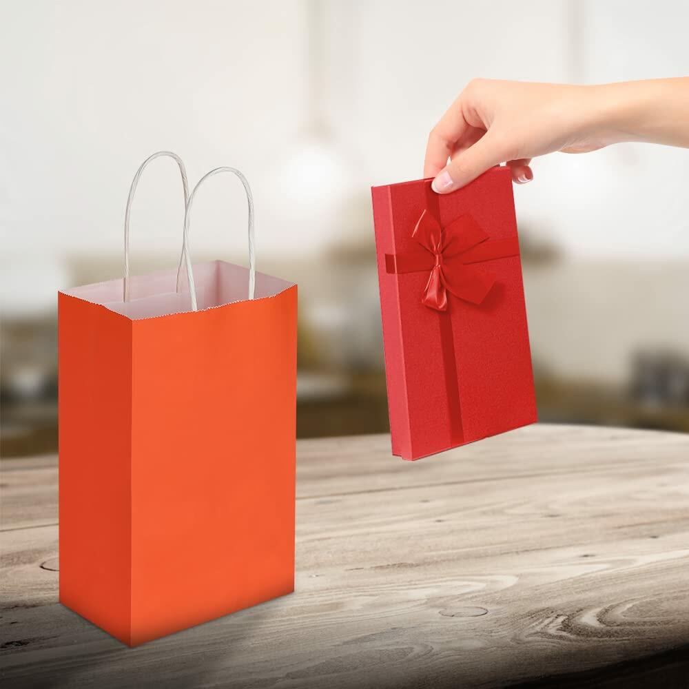 Oikss 50 Pack 5.25x3.25x8.25 Inch Small Orange Kraft Paper Bags with Handles