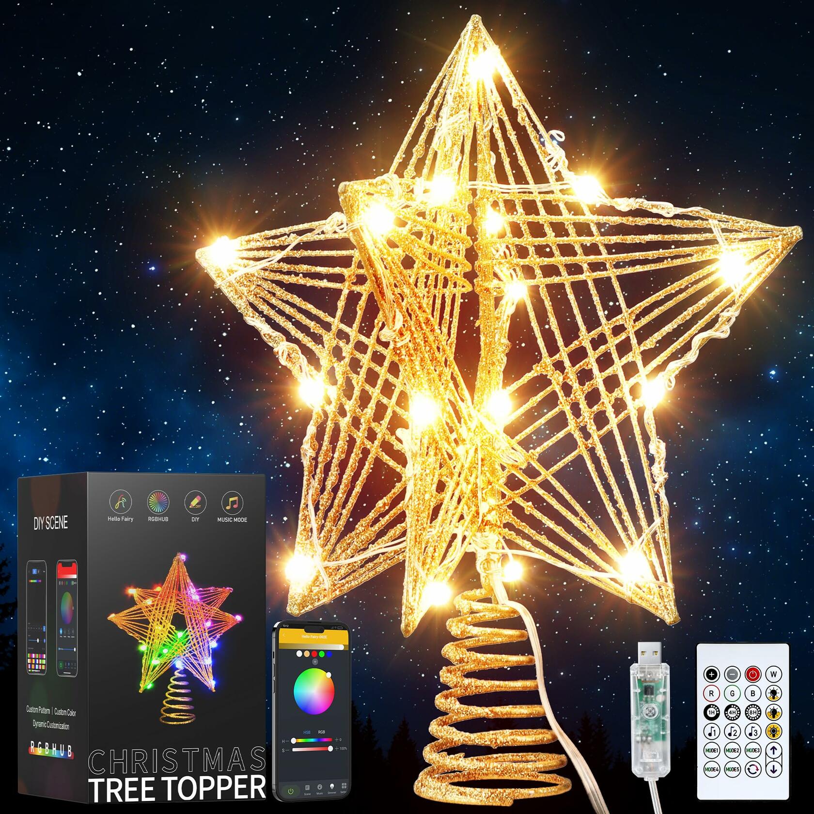 ODEETRONIC Smart Christmas Tree Topper, 8" RGB Star Tree Topper, 20LED 3D Hollow