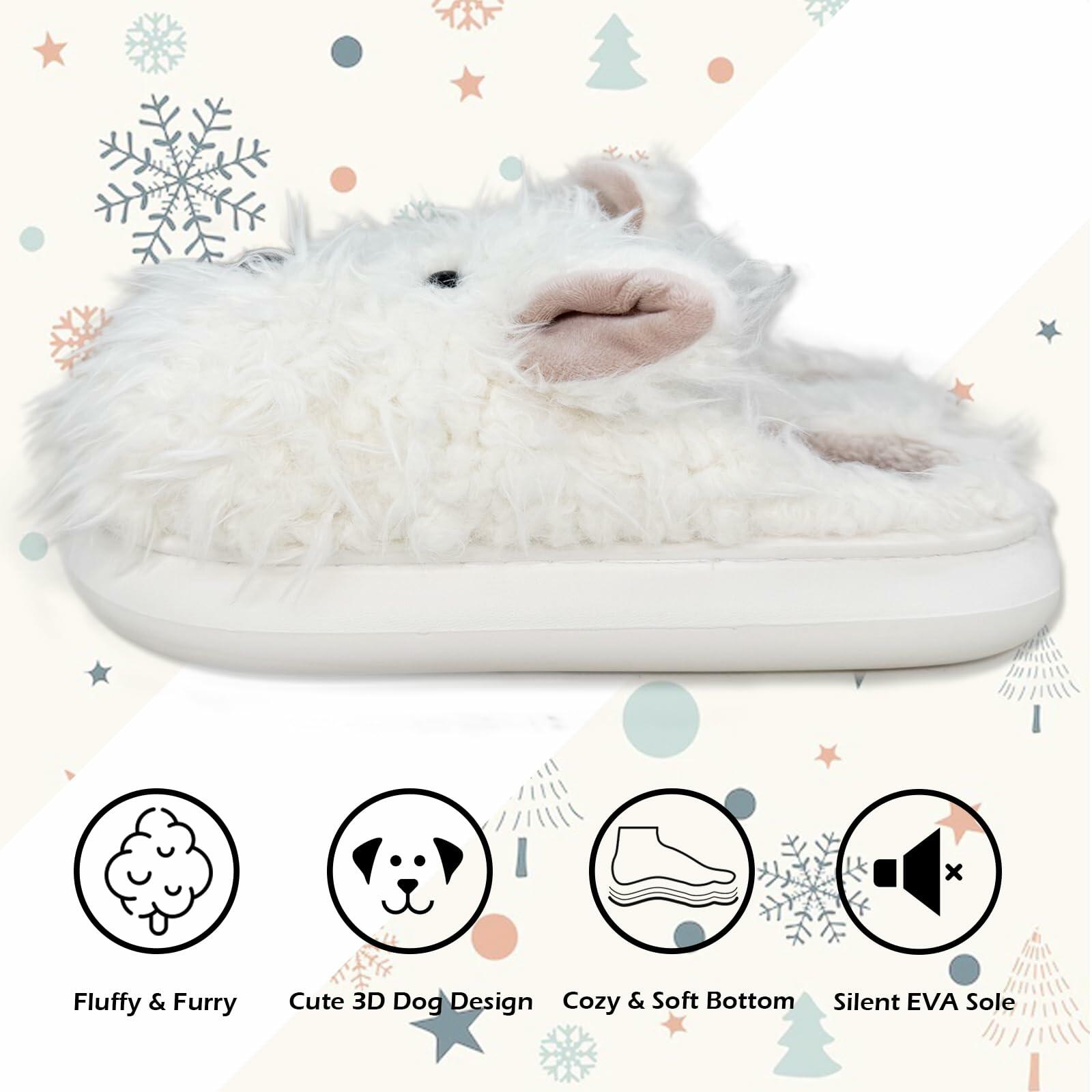 Vegove Furry Dog Slippers for Women, Cute Cozy Fluffy Highland Terrier Puppy