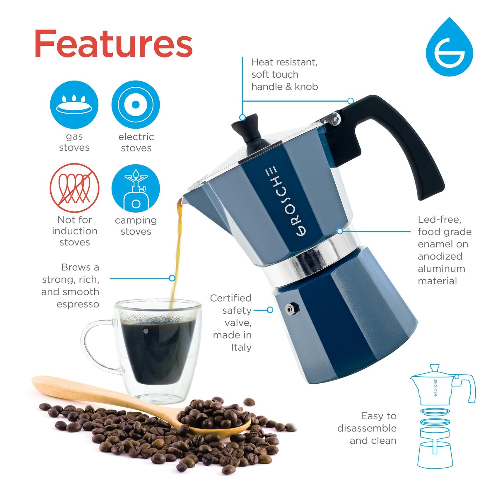 GROSCHE Milano Stovetop Espresso Maker Moka Pot 3 espresso Cup - 5 oz, Blue