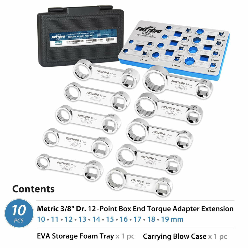 FIRSTINFO F3451A Taiwan 3/8-inch Drive Torque Adapter Set, 12-Point Box End, 10 to 19mm, Metric, 10-Piece with CR-V Construction | Blow Case and Mechanic's Tray