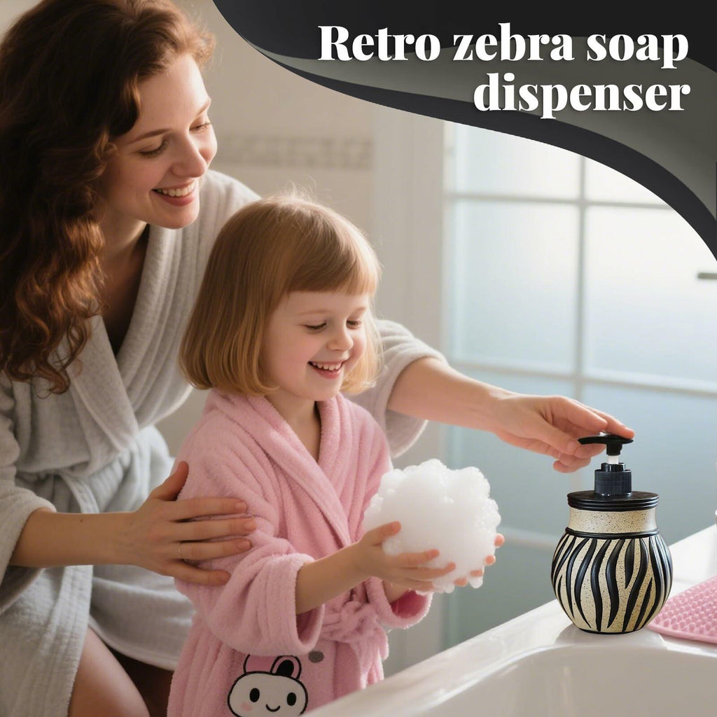 Hand Soap Dispenser - 400ML Zebra Pattern Pump Bottle, Retro Decorative Holder | Refillable Bathroom Soap Container for Home Shower Sink Dressing Table Kitchen Counter Lotion Oil 9.5 x 9.5 x 16.5 cm