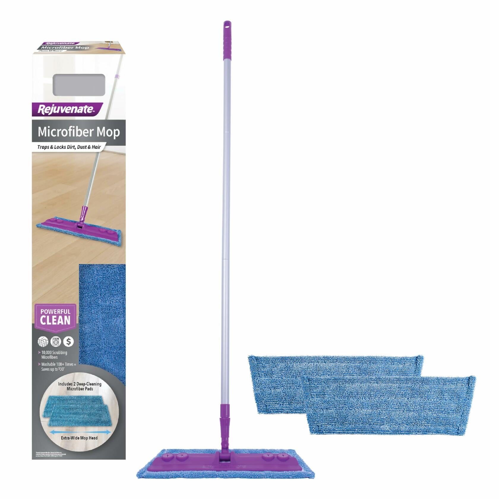 Rejuvenate Microfiber Mop, A Powerful Clean with 10,000 Scrubbing Microfibers, Multi-Surface Dry Mop Kit with Reusable Microfiber Pad Dusts, Cleans and Restores Floors, 1 Count