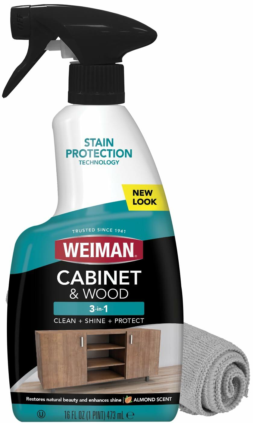 2 Pack Weiman Cabinet & Wood Clean & Shine Spray - Furniture, Kitchen Cabinets, Baseboard & Trim, Fresh Almond Scent, Microfiber Cloth Included