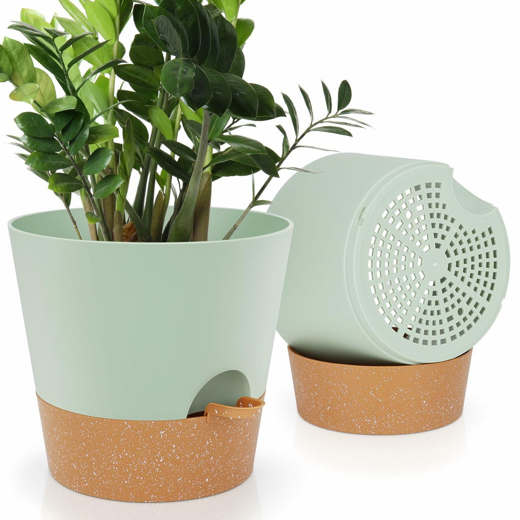 2 Pack YNNICO 10-Inch Plant Pots, Self-Watering Planters with Drainage Holes & Saucers for Indoor and Outdoor Plants (Green)