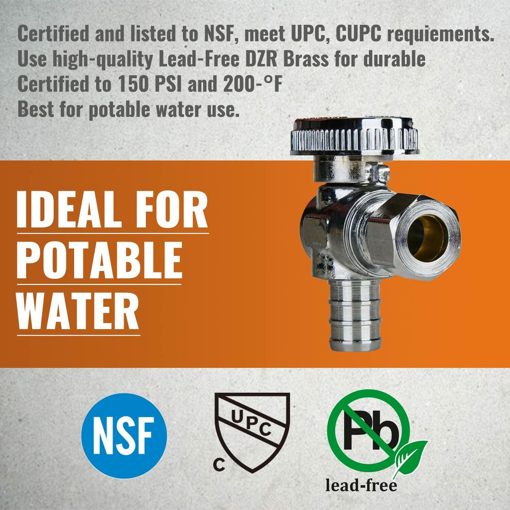 SUNGATOR 6-Pack Angle Stop Valve, 1/2" PEX x 3/8" OD Compression, Quarter Turn Chrome Plated, 1/2 inch Pex Shut Off Valves for Faucet and Toilet, UPC Certified