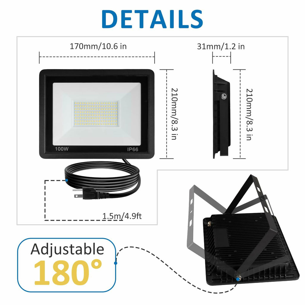 3 Pack ZHPINGMX 100W LED Flood Light Outdoor, 10000LM Super Bright Floodlight Outside Work Lightwith Plug, 6500K Daylight White LED Flood Light Outdoor, IP66 Waterproof Outdoor Flood Light
