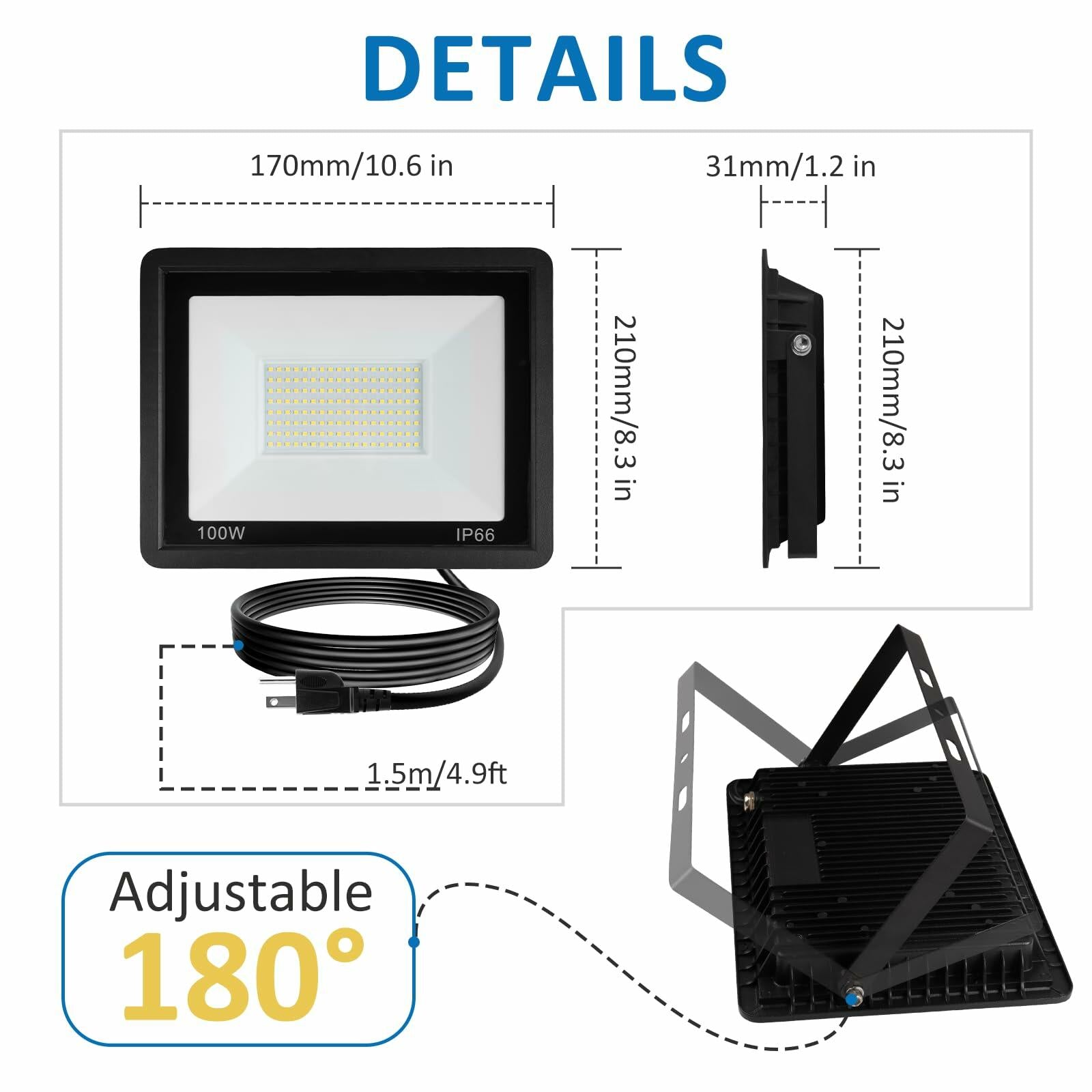 3 Pack ZHPINGMX 100W LED Flood Light Outdoor, 10000LM Super Bright Floodlight Outside Work Lightwith Plug, 6500K Daylight White LED Flood Light Outdoor, IP66 Waterproof Outdoor Flood Light